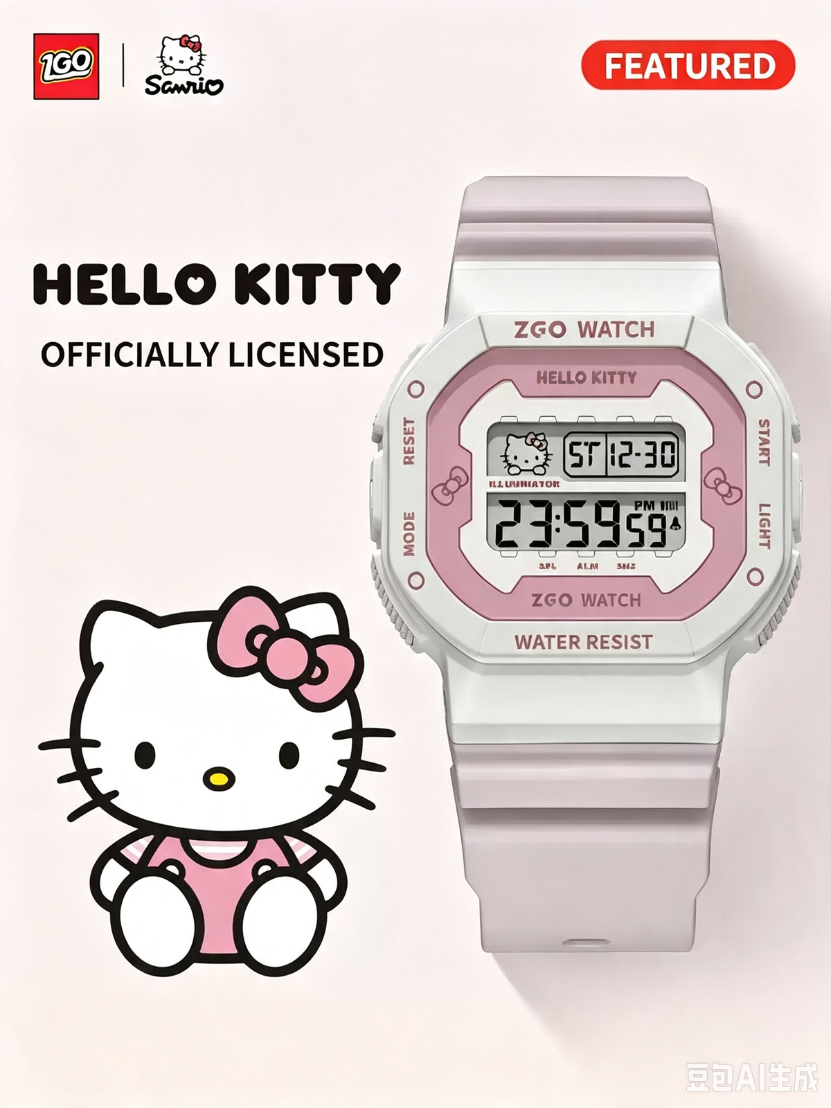 ZGO x Sanrio Hello Kitty Digital Sports Watch, 50M Waterproof LED Backlight Alarm Stopwatch Wrist Watch, Girls Student Watch With Sanrio Gift Box